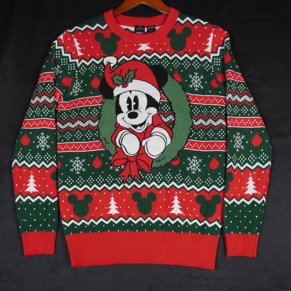 Disney Mickey Mouse Sweater Mens Small Red Green Holiday Ugly Christmas Acrylic
